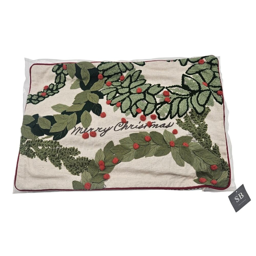 Decorative "Merry Christmas" Pillow Wreaths Holly Berry 20" x 14" India  NEW